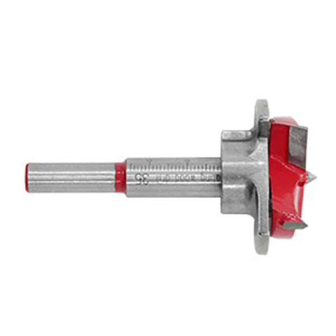 Concealed hinge drill guide bit with tungsten carbide tip, adjustable 15–35 mm for wood.