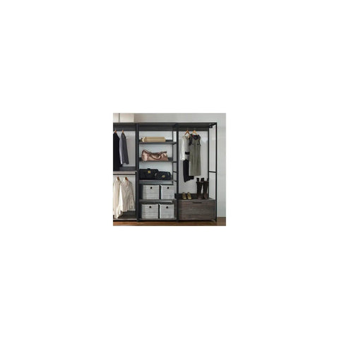 Customizable Wood Walk In Closet Organizer System For Bedroom Storage Maximizes Space Easy Assembly with hanging clothes and storage bins.
