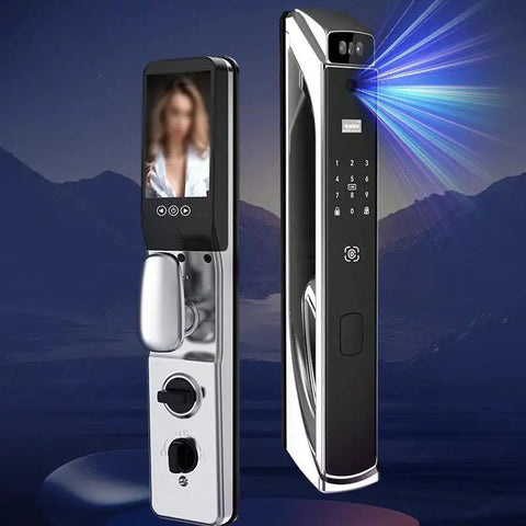 Slick Smart Video Door Lock With Hella Secure Fingerprint Reader Featuring Large Touchscreen Panel Remote Access Function Zero Hassle Keyless Entry For Daily Home Use, close-up view showing digital panel and fingerprint scanner.