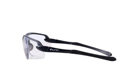 Side view of full lens magnification safety glasses with one and a half diopter for close-up work, ANSI Z87.1 certified.
