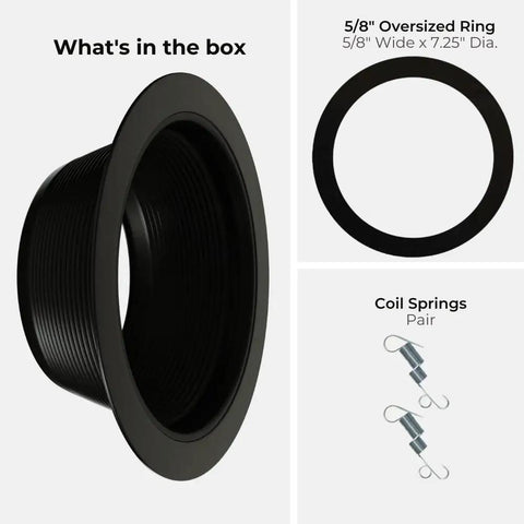 6 Inch Stepped Black Baffle Trim With 7.25 Inch Plastic Ring For PAR 30 PAR 38 R30 R40 BR30 BR40 Bulbs Replaces Halo And Juno Light Covers With Clip In Springs 6 Pack components shown