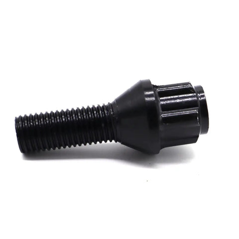 Top Tier Black Lug Stud Kit M12x1.5 For BMW Wheels Like E39 And E60 Plus E12 E28 Models, Heavy Duty Alloy Wheel Bolts Nuts Replacement Gear To Rock Your Ride Smooth. Black M12x1.5 BMW lug stud, side view