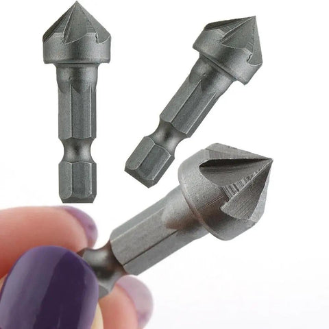 2 Pcs 90 Degree Countersink Drill Chamfer Bits With 1 Quarter Inch Hex Shank for woodworking and carpentry, close-up view.