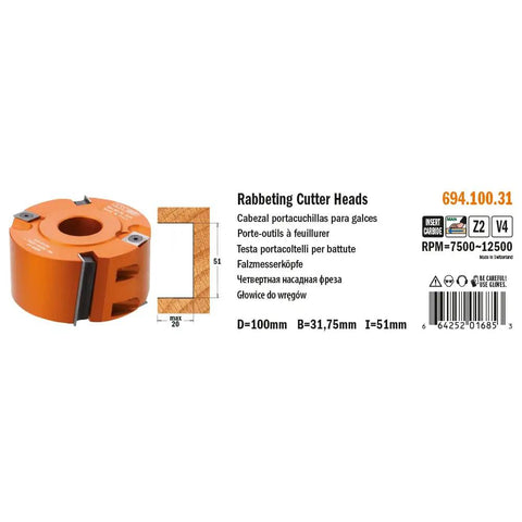Pro Shop Essential 4 Inch Rabbeting Cutter Head Built From Solid Aluminum With Razor Sharp Carbide Knives, 100mm diameter head.