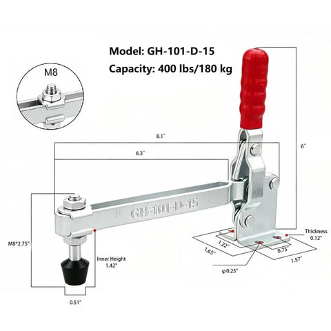 Pro Grade Vertical Toggle Clamp Featuring A Quick Release Lever And Unmatched 400 Lbs Holding Capacity For Rock Solid Workshop Clamping And No Sweat Assembly Jobs, with measurements and sturdy build.