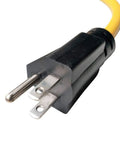 Close-up of Heavy Duty NEMA 5-15 to L14-30 Locking Power Cord, 8 Inch, 12 AWG SJTW Copper Conductors, UL Listed, yellow plug end.