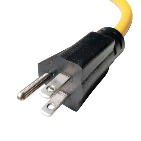 Close-up of Heavy Duty NEMA 5-15 to L14-30 Locking Power Cord, 8 Inch, 12 AWG SJTW Copper Conductors, UL Listed, yellow plug end.