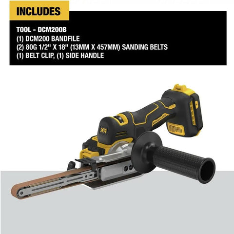 20V Max XR Cordless Bandfile Belt Sander Bare Tool Only With Brushless Motor shown with side handle and belt clip