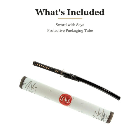 Aluminum Iaido Wakizashi Practice Sword With 21 Inch Blade shown with protective saya and packaging tube