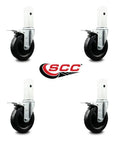 Straight Up Heavy Duty Scaffold Swivel Casters Set of 4 Featuring 5 Inch Black Hard Rubber Wheels With Double Total Locking Brakes 300 Lbs Capacity Each Build Tough Shop Essential, showing 4 casters with black wheels.