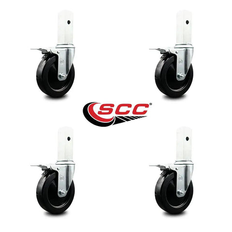 Straight Up Heavy Duty Scaffold Swivel Casters Set of 4 Featuring 5 Inch Black Hard Rubber Wheels With Double Total Locking Brakes 300 Lbs Capacity Each Build Tough Shop Essential, showing 4 casters with black wheels.