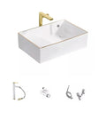 USZWBY Vessel Sinks Light Luxury Above Counter Basin Side Drain Ceramic Wash Phnom Penh Small Apartment Bathroom Bowl Sink with gold faucet.
