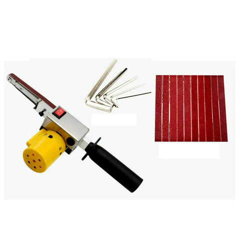 Badass Handheld Electric Belt Sander With Seven Adjustable Speeds And Killer Apex Edge Sharpening Setup features belts and tools.
