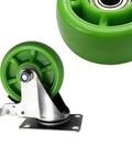 4 Inch Green Swivel Caster Wheels With Brake, Hardcore Industrial Trolley Casters, Stainless Steel Top Plate close-up view.