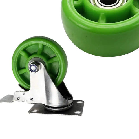 4 Inch Green Swivel Caster Wheels With Brake, Hardcore Industrial Trolley Casters, Stainless Steel Top Plate close-up view.