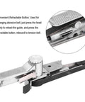 Heavy Duty Mini Air Belt Sander Pneumatic Handheld Angle Grinder For Wood And Metal Sanding Polishing Rust Removal With 520X20mm Belts showing retractable button.