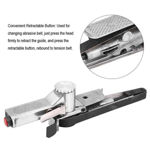 Heavy Duty Mini Air Belt Sander Pneumatic Handheld Angle Grinder For Wood And Metal Sanding Polishing Rust Removal With 520X20mm Belts showing retractable button.
