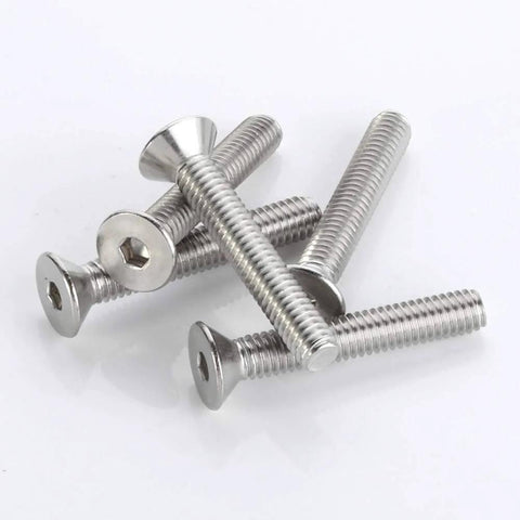 Flat Head Socket Cap Screws 3/8-16 Inch, 1 Inch Length, Fully Threaded Countersunk Bolts With Allen Hex Drive, 18-8 Stainless Steel 304 Bright Finish, 10 Pack For Heavy Duty Metalworking And Pro Grade Assembly shown on white background.