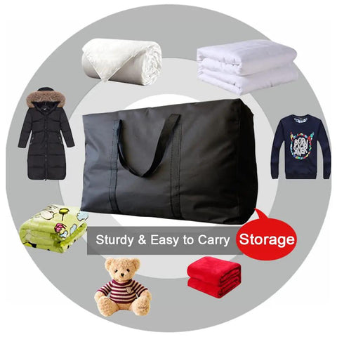 Extra Large Moving Bags With Strong Zippers And Handles For Clothes Storage And Moving, black tote with various items around.