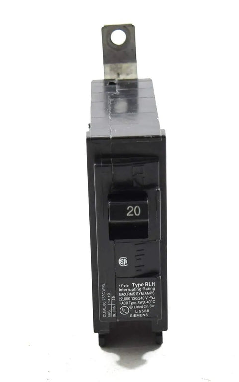 Front view of 20 Amp Single Pole 120 Volt Bolt In Breaker With 22KAIC Interrupt Rating For Panel Boards UL Listed Type BLH.