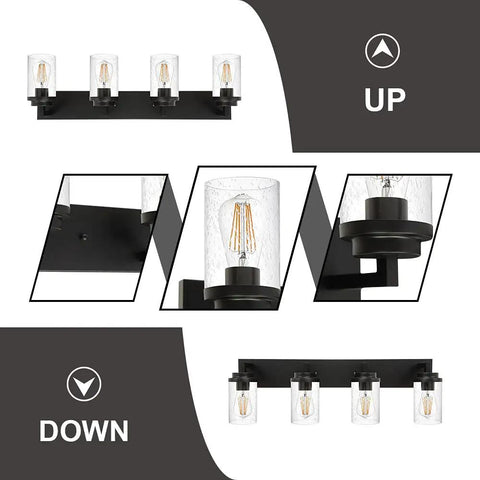 4 Light Black Vanity Light Fixture For Bathroom, Dope Modern Wall Mount With Seeded Glass Shades, 31 Inch Long