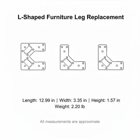 Diagram of L Shaped Stainless Steel Furniture Leg Replacement Support for Sofa Bed Frame and Cabinet Repair 13 by 3.3 by 1.6 Inches