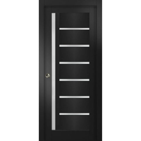 Quadro 4088 Sliding Interior Door Kit With Black Matte Frosted Glass Pocket Door 36 By 96 Inches Solid MDF Core Front View