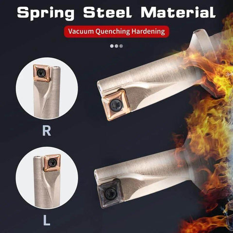 Two carbide-tipped drilling bits with copper inserts and steel bodies on a dark background; R and L markers visible.