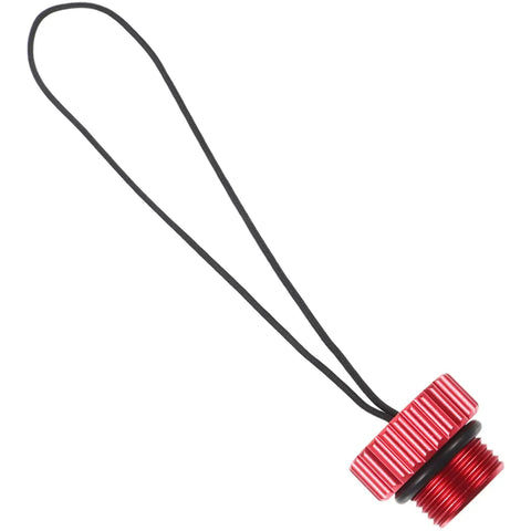 Red Scuba Tank Valve Cap Protector Keeps Dust and Debris Out Red Color Pro Grade Plug for standard diving gear, with attached black cord.