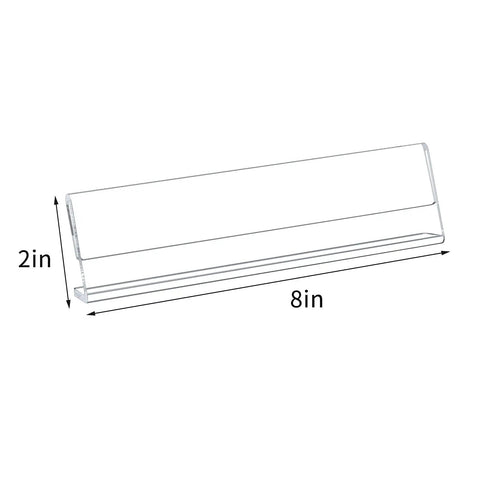 Clear Desk Name Plates Set Of 12 Personalized 2x8 Inch Sign Holders for Table Displays illustration with dimensions.