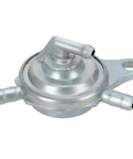 GY6 Vacuum Fuel Pump Petcock 3 Port Replacement For 50cc 125cc 150cc Engines Must Have For Most Chinese Scooters Mopeds Taotao Jonway Roketa Sunl Baja Ice Bear Kazuma Lifan Lance Vitacci Jmstar Sunny Bashan Dongfang Baotian, shiny metal valve, front view