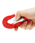 Hand holding Clevis Slip Hook G80 Eye Hoist Sling Hook For Rigging And Lifting Beefy 1.2 Ton Load Capacity 4500 Lbs Breaking Point Forged Steel Red Rotary Eye Lock