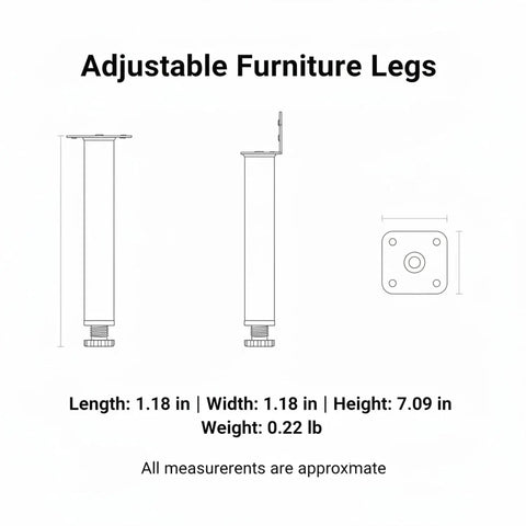 Adjustable Furniture Legs With Screws, Cold Rolled Steel Leveling Feet blueprint with dimensions, 7.09-inch height.