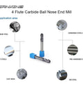 Extra Long 3/8 Inch Carbide Ball Nose End Mill For Alloy And Hardened Steels, 4 Inch Overall Length, Four Flute, AlTiN Coating