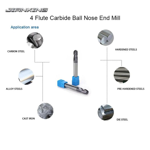 Extra Long 3/8 Inch Carbide Ball Nose End Mill For Alloy And Hardened Steels, 4 Inch Overall Length, Four Flute, AlTiN Coating