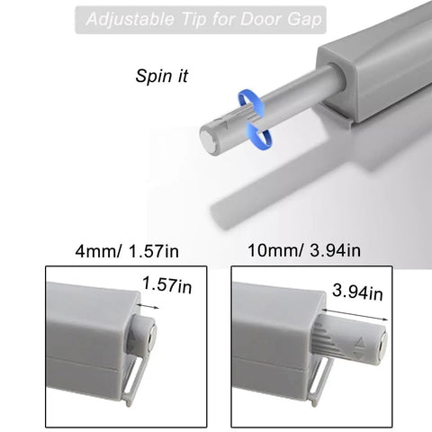 Two Pack Magnetic Push To Open Cabinet Latches With Heavy Duty Spring, adjustable magnet tip detail shown in close-up