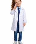Child wearing Five Pocket Kids Lab Coat With Button Closure Soft Touch Fabric Realistic Fit For Play Dress Up And Halloween Costumes White.