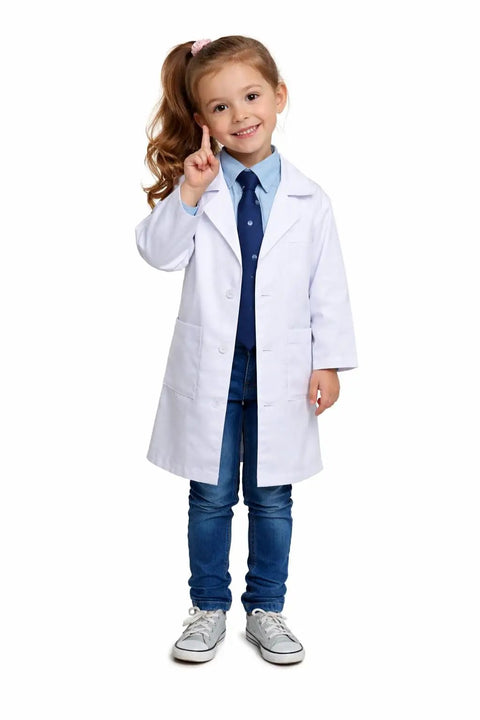 Child wearing Five Pocket Kids Lab Coat With Button Closure Soft Touch Fabric Realistic Fit For Play Dress Up And Halloween Costumes White.