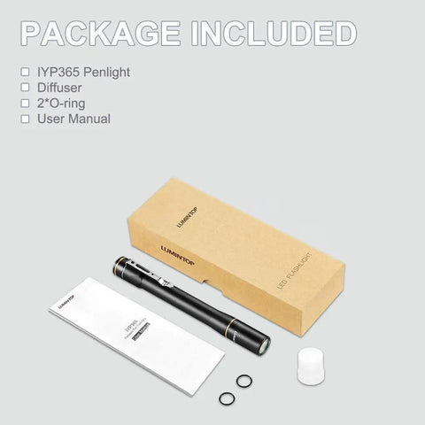 IYP365 Nichia High CRI Pen Light For Nurses And Docs package with penlight, box, diffuser, O-rings, and manual displayed