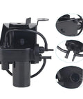 Front view of black automotive electric vacuum pump with mounting bracket and hose fittings.