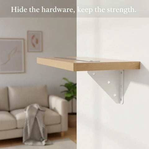 Hidden Triangle Shelf Bracket for Floating Shelves, white steel support with mounting screws, shown in living room setup