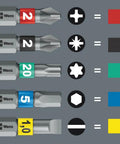 Image showing assorted Wera bits, various color codes, with shapes indicating different screw types for tool identification.
