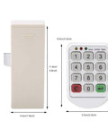 Code Lock Keypad Cabinet Lock With ABS Plastic Panel, showing front view with keypad and measurements, supports temporary or fixed passwords.