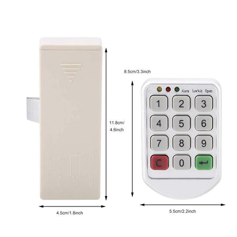 Code Lock Keypad Cabinet Lock With ABS Plastic Panel, showing front view with keypad and measurements, supports temporary or fixed passwords.