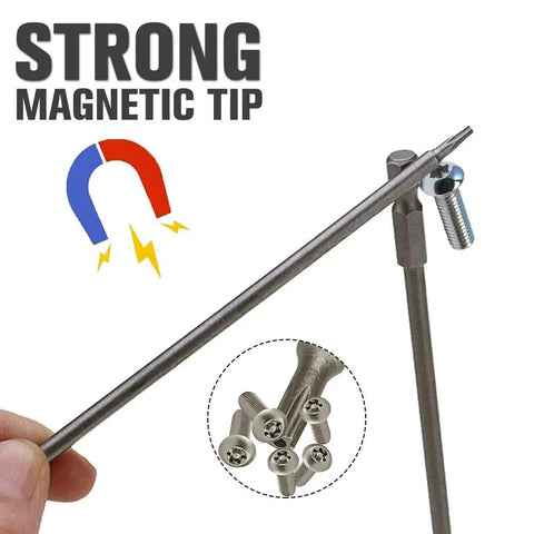 Tough As Nails Extra Long Torx Magnetic Screwdriver Bit Set showing strong magnetic tip and multiple Torx screws.