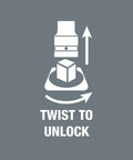 Diagram showing twist to unlock mechanism for Torx HF Zyklop One-Half Inch Drive Bit Socket Set, Nine-Piece With Holding Function In Rugged Case.