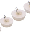 Four Piece Bath Tub And Sink Drain Stoppers Set with Hanging Ring Flexible Rubber Plugs in various sizes on a white background