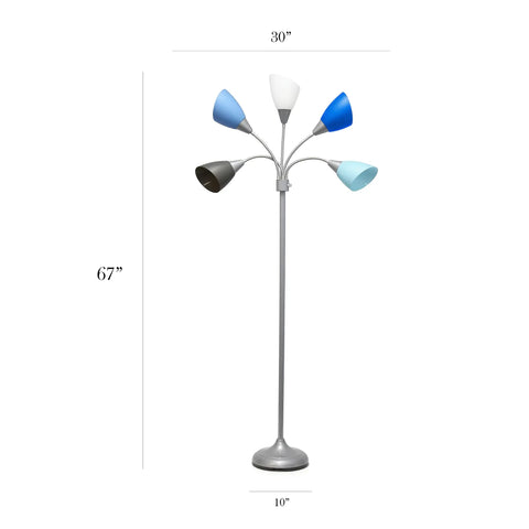 Five-Head Medusa Floor Lamp With Adjustable Goosenecks, Silver Base, Blue White Gray Shades, Dope Modern Lighting For Kids Bedroom, Playroom, Living Room Or Office, 67 Inch Tall
