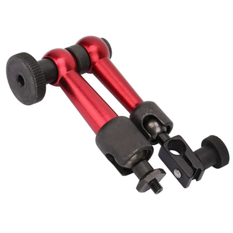 Dial Indicator With Articulating Arm Adjustable Universal Magnetic Base Stand Digital Test Indicator, red metal arms with knobs, close-up