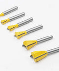 Premier Heavy Duty Dovetail Router Bit Set Six Piece Collection With One Quarter Inch Shank showcasing carbide blades in various sizes.